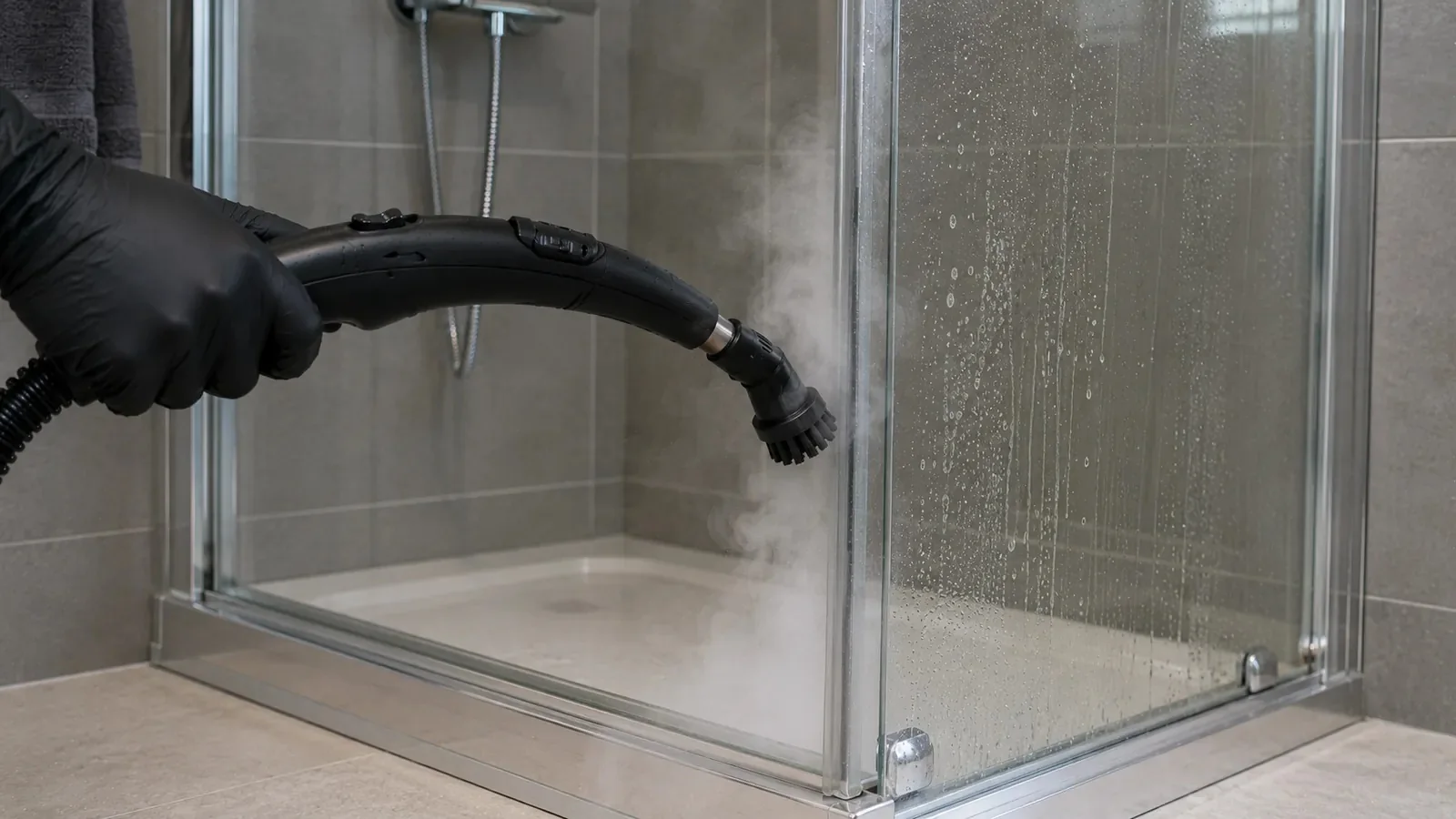 Limpieza con vapor de una mampara de ducha