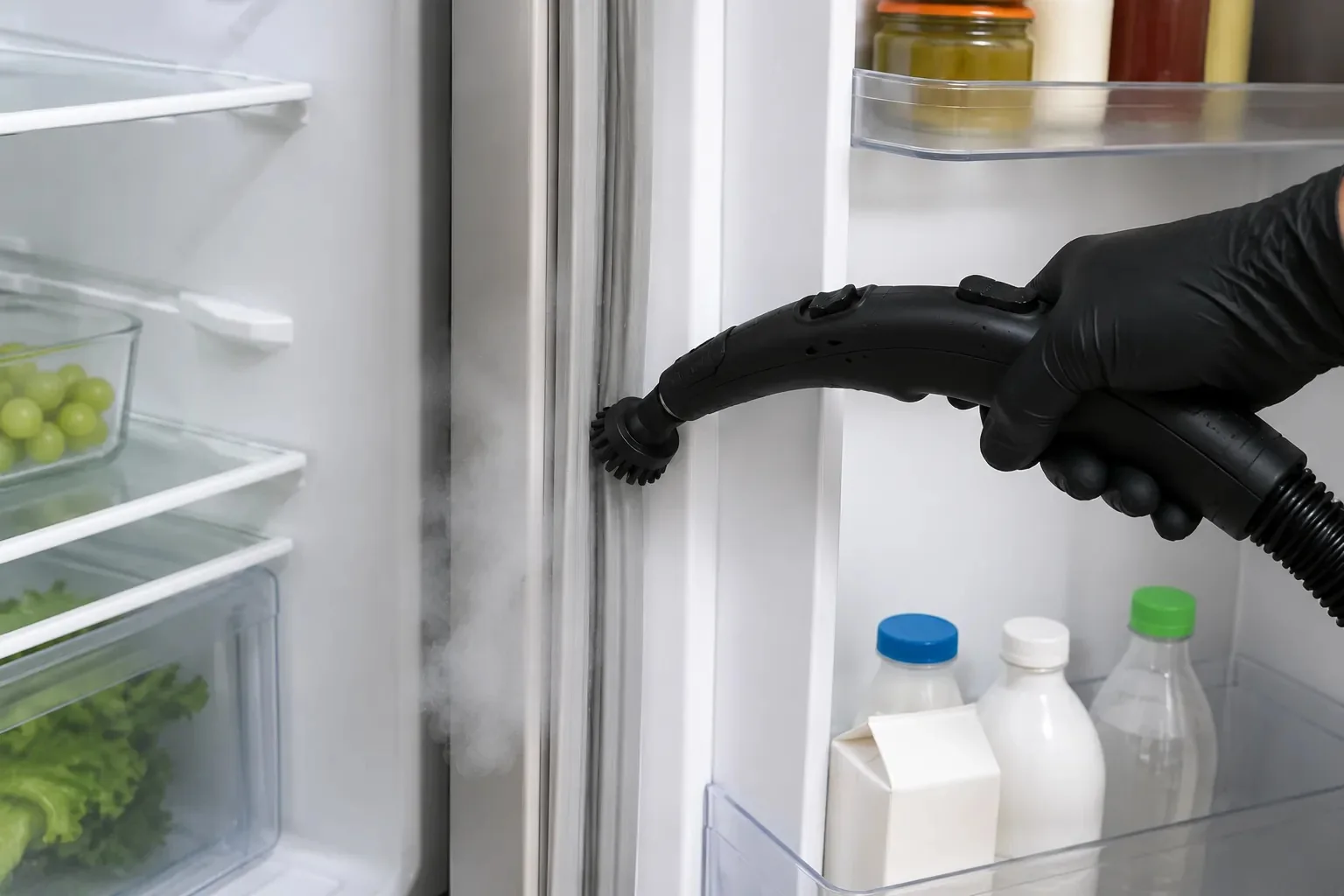 Limpieza con vapor de las juntas de una nevera