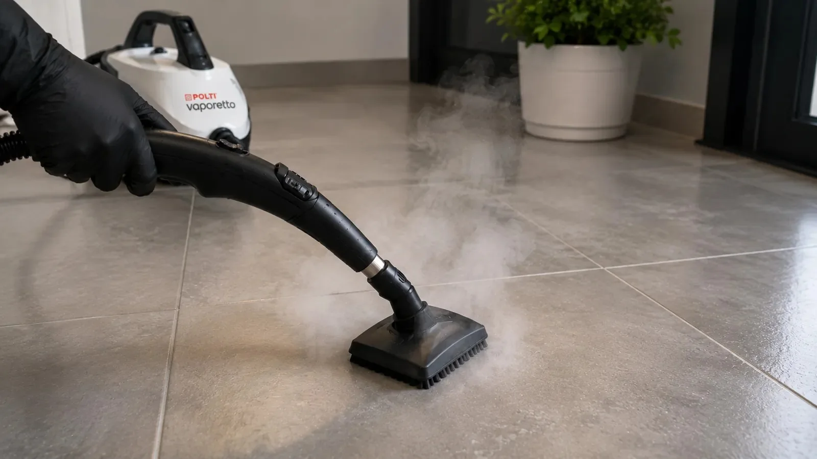 Limpieza con vapor de un suelo de baldosas